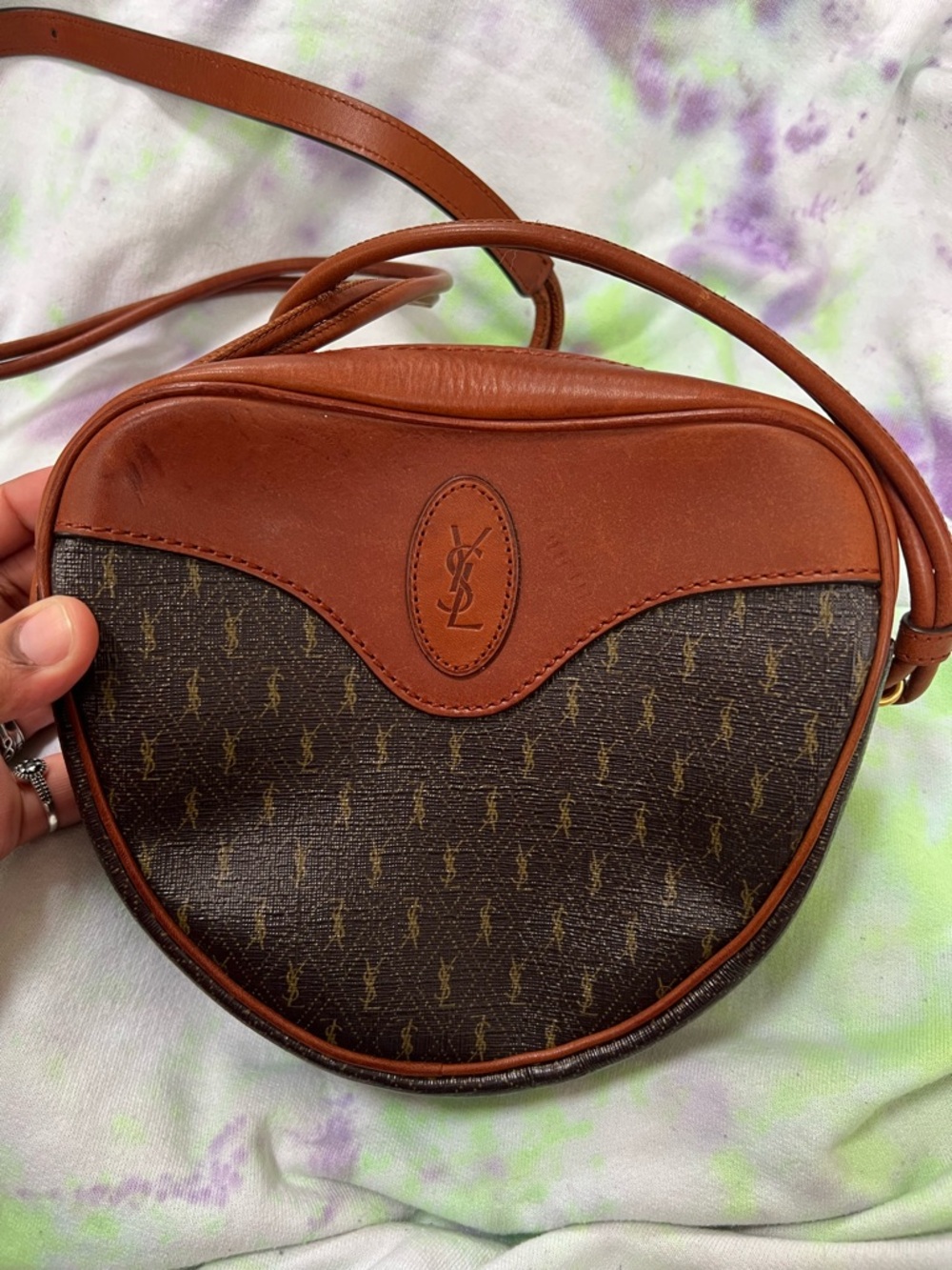 Vintage Saint Laurent YSL Brown & Tan Monogram Leather Trim Crossbody Bag